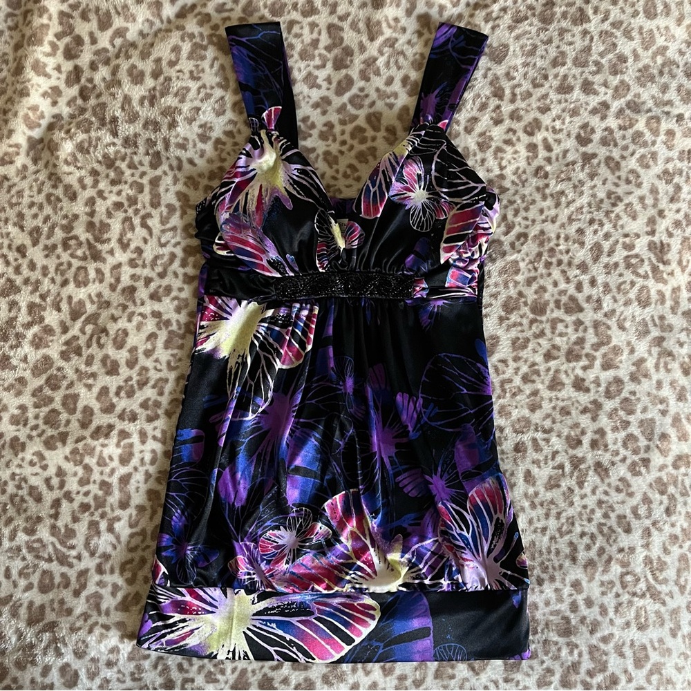 Vintage Floral Butterfly Beaded Black & Purple Tank
